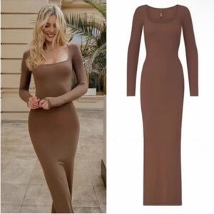 SKIMS Soft Lounge Long Sleeve Brown Dress Wood Brown